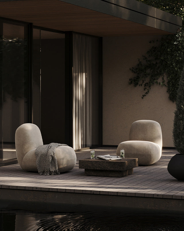 Modern outdoor setting with Toe Lounge chairs furniture and Sunao Plant pot