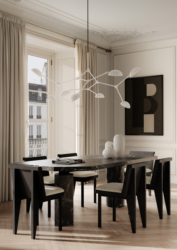 101 Copenhagen Drop Chandelier White, Sunao vases and Brutus Dining chairs with Makura Cushions