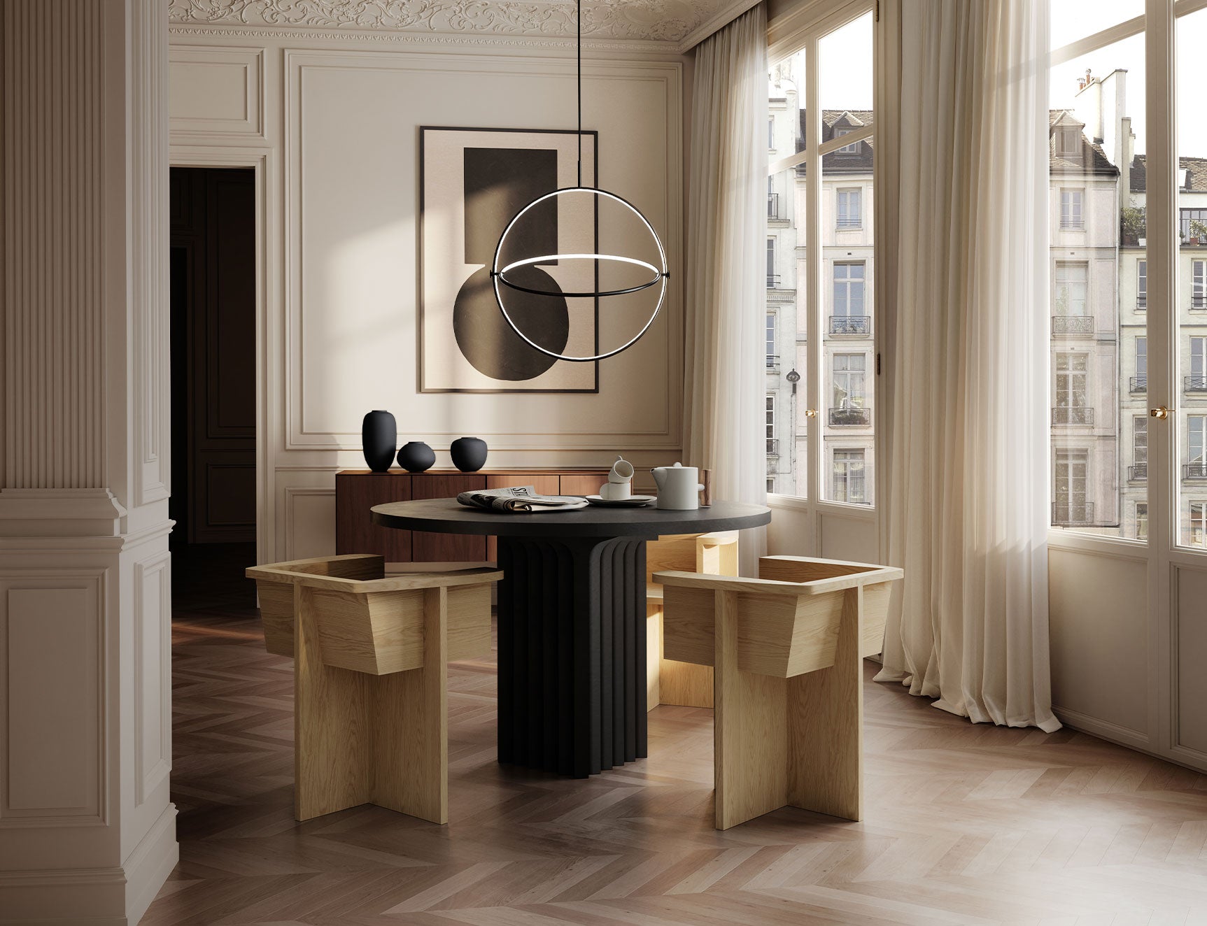 Maru pendant, Sunao vases, Native dinnerware and Brutus dinning chairs in oak