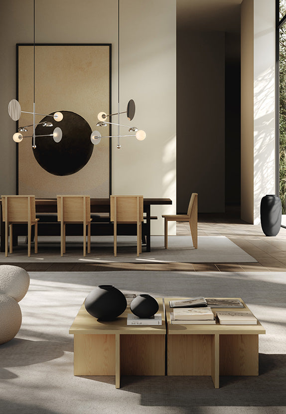 101 Copenhagen Sahn Chandelier, Brustus Chair and coffee tables, Sunao vase, reflect lamp, Toe armchair