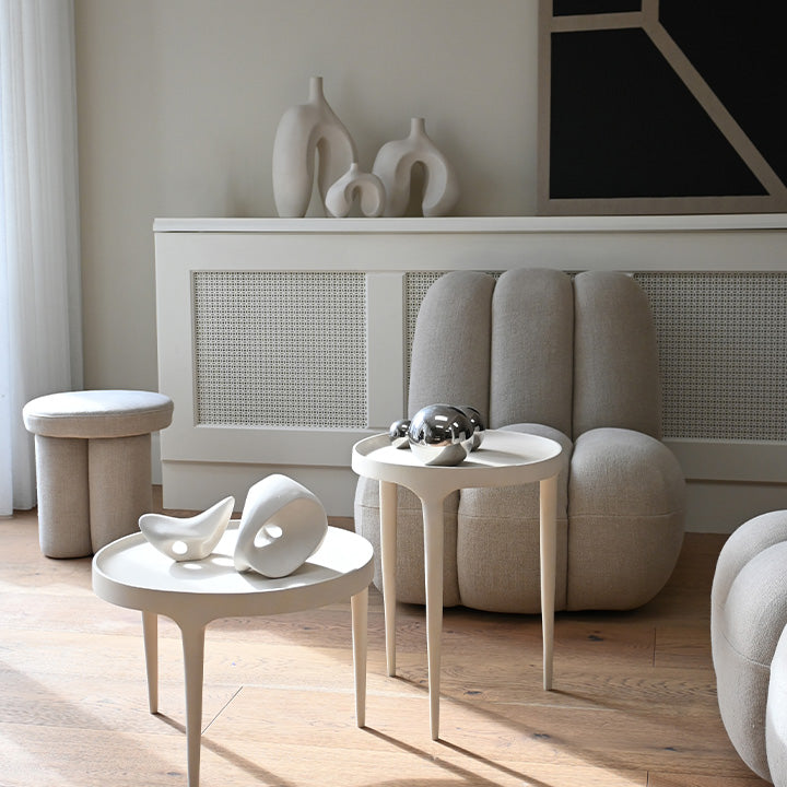 Phantom Tables and Ni vases in Birch, Toe chair and Stool and Gallery balls in a light and calming setting