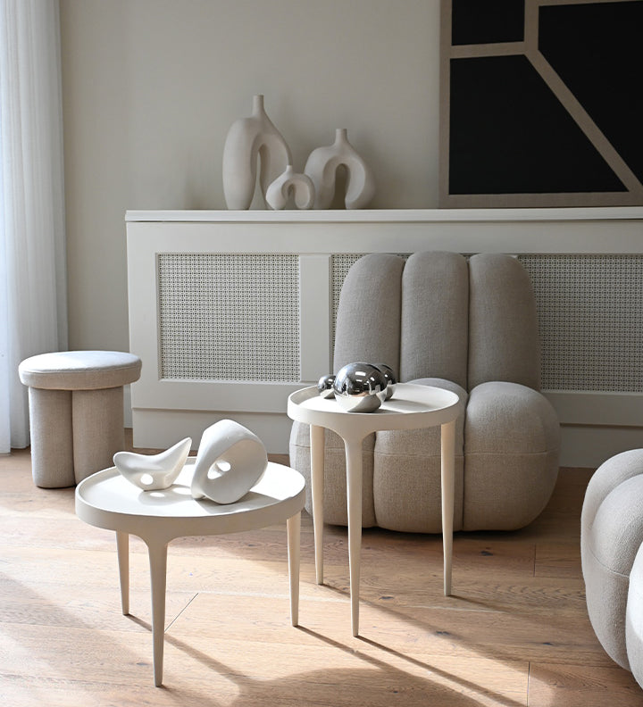 Phantom Tables and Ni vases in Birch, Toe chair and Stool and Gallery balls in a light and calming setting