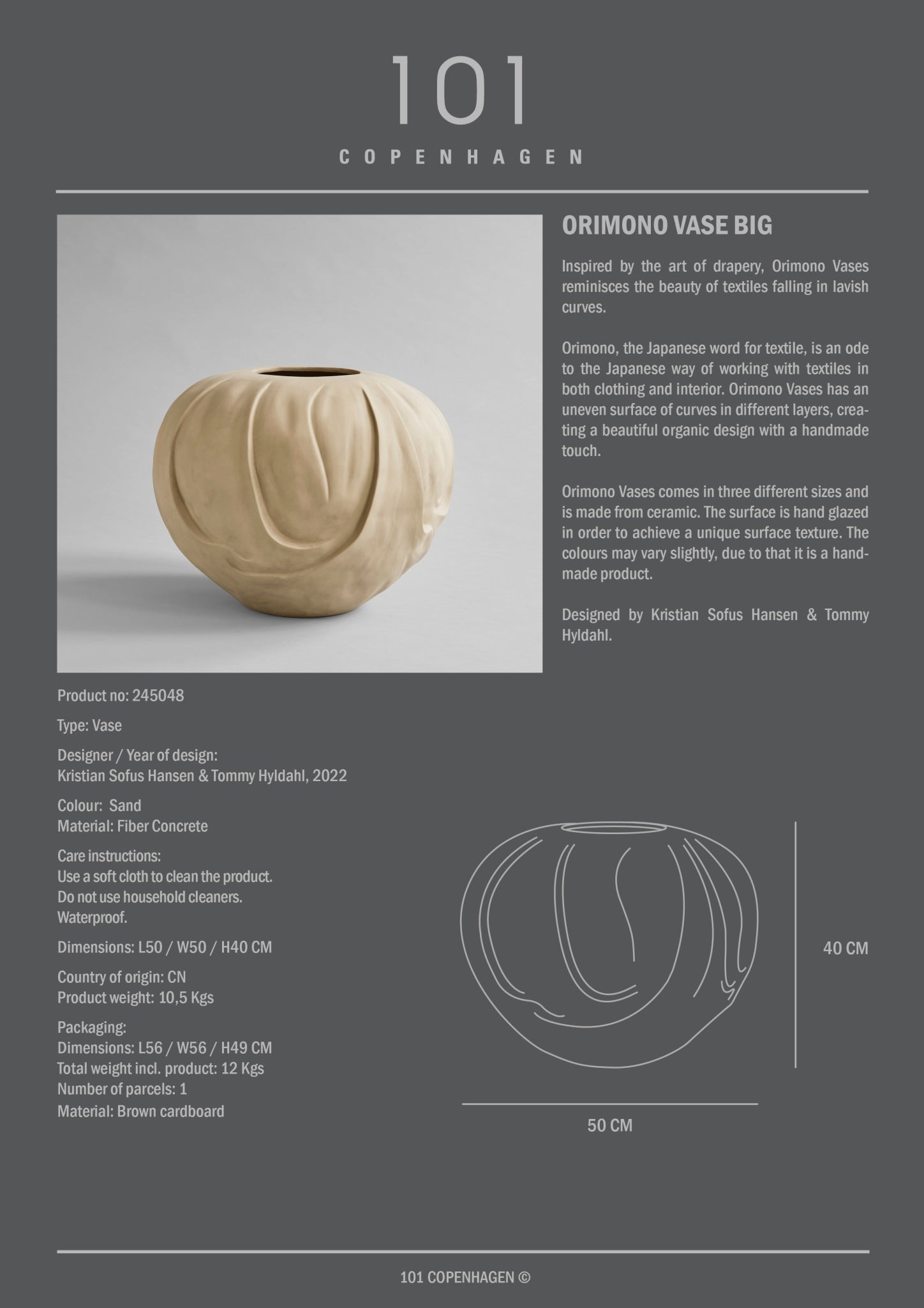 101 Copenhagen - Orimono Vase, Big - Sand - Vase