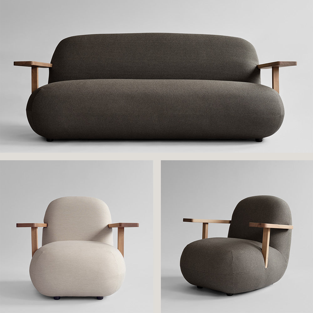 Collage of a Toe sofa and two Toe armchairs on a light gray background