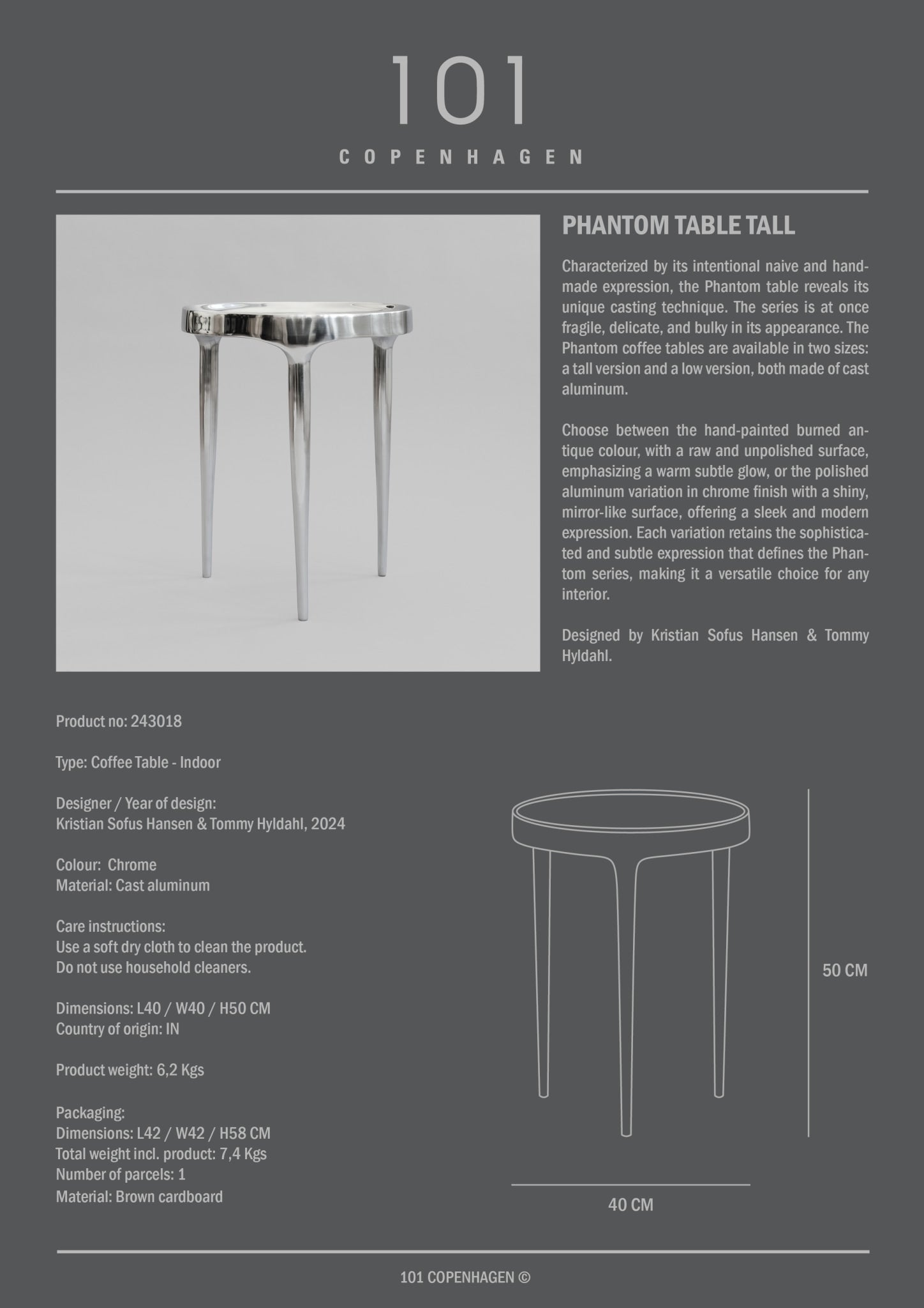 101 Copenhagen - Phantom Table, Tall - Chrome - Coffee or Side Table