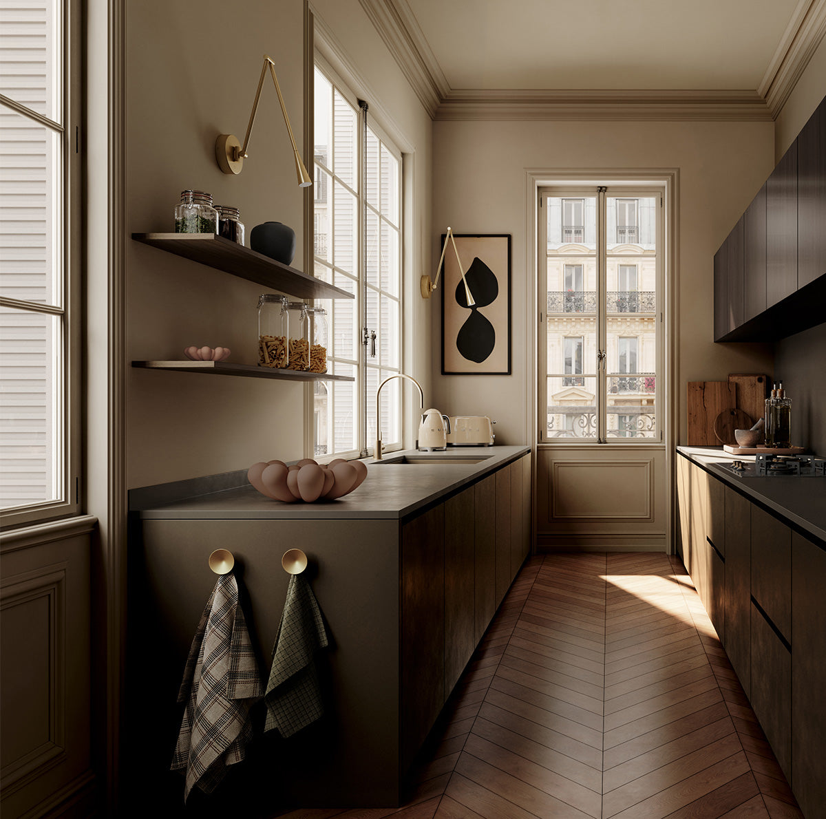 Modern kitchen with Snake wall lamps, wooden cabinets, a sink, and a Bloom Tray.