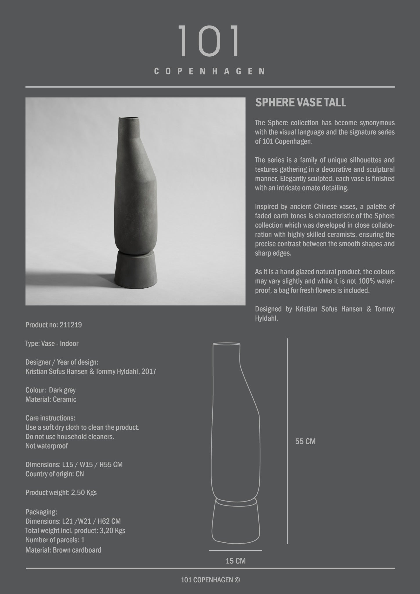 101 Copenhagen - Sphere Vase Tall - Dark Grey - Archive