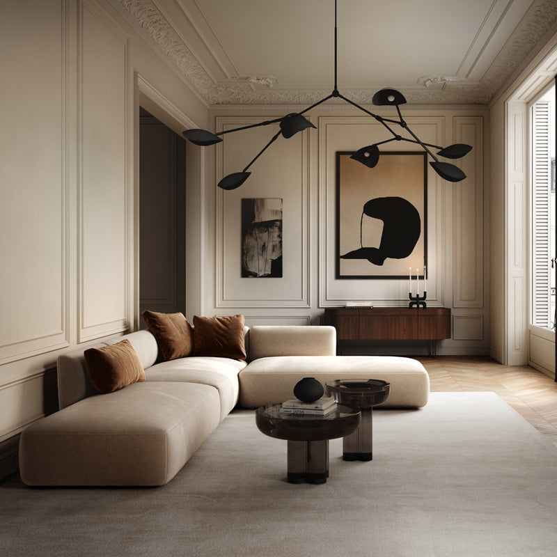 101 Copenhagen Stingray chandelier grande burned black, Crown glass tables, Sunao vase petit, cobra-candleholder