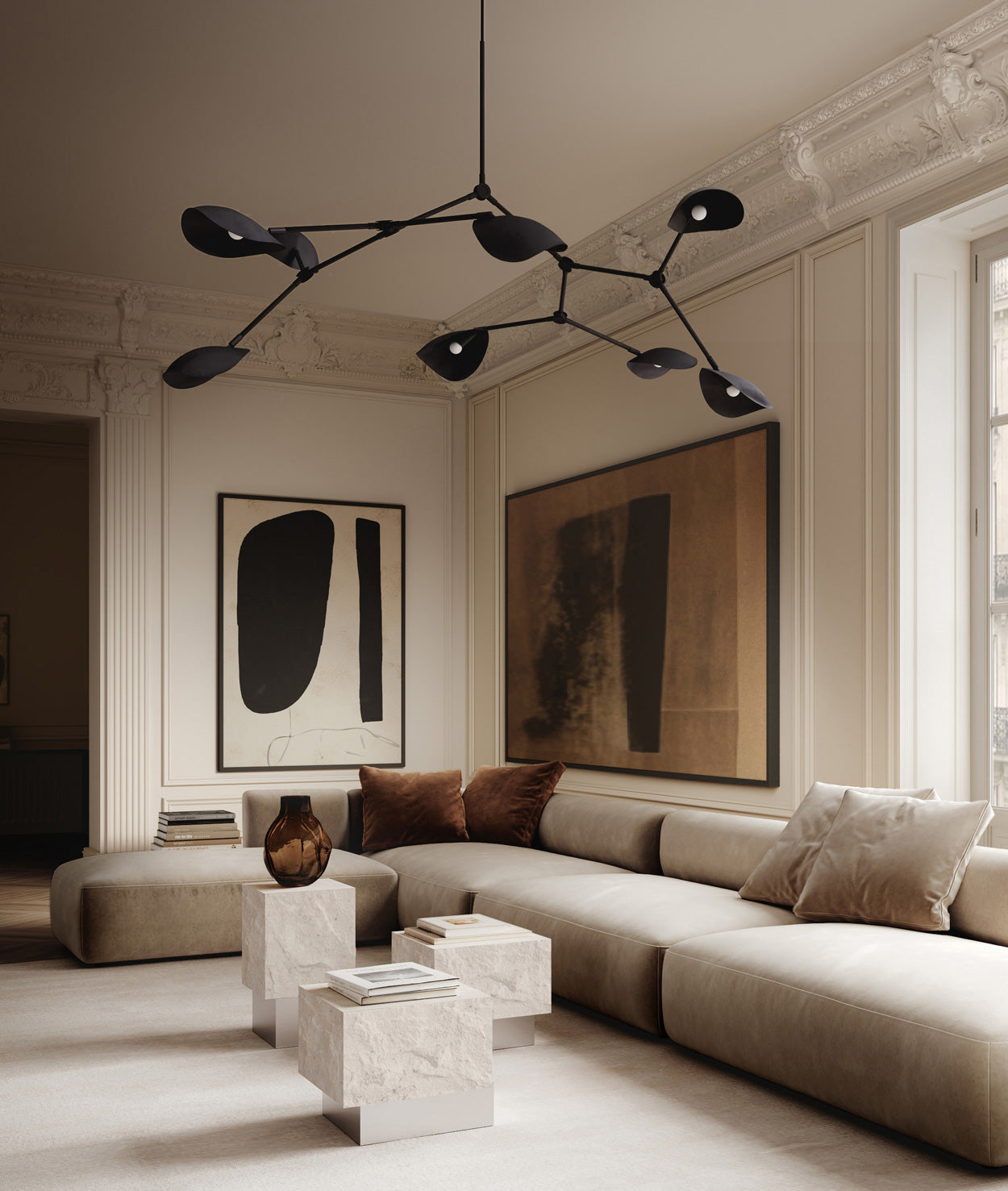 Stingray Chandelier Grande in Burned black Temple Tables in chrome and limestone and a Bakku vase