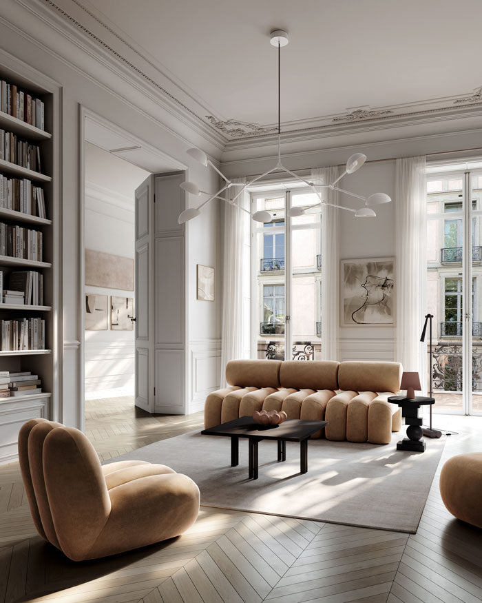 Modern living room with Foku chairs, toe chair and Ottoman in Wool velvet in desert colour