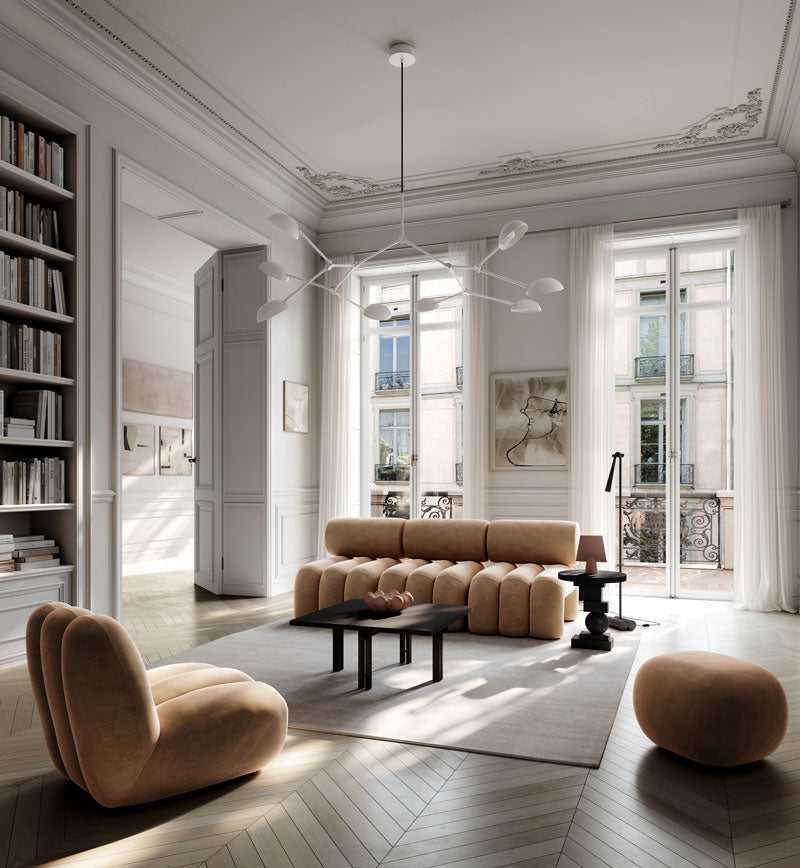 Modern living room with Foku chairs, toe chair and Ottoman in Wool velvet in desert colour