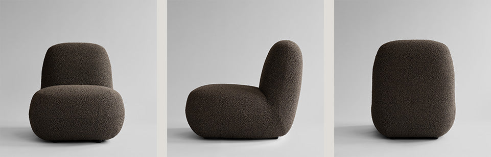 Toe chair flat in deep taupe in 3 angles