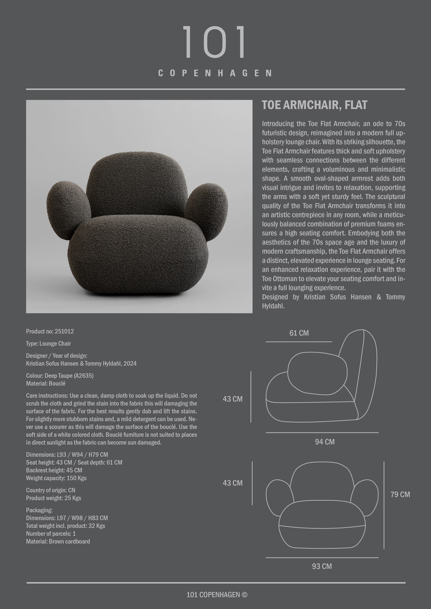 101 Copenhagen - Toe Armchair, Flat - Deep Taupe (A2635) - Armchair