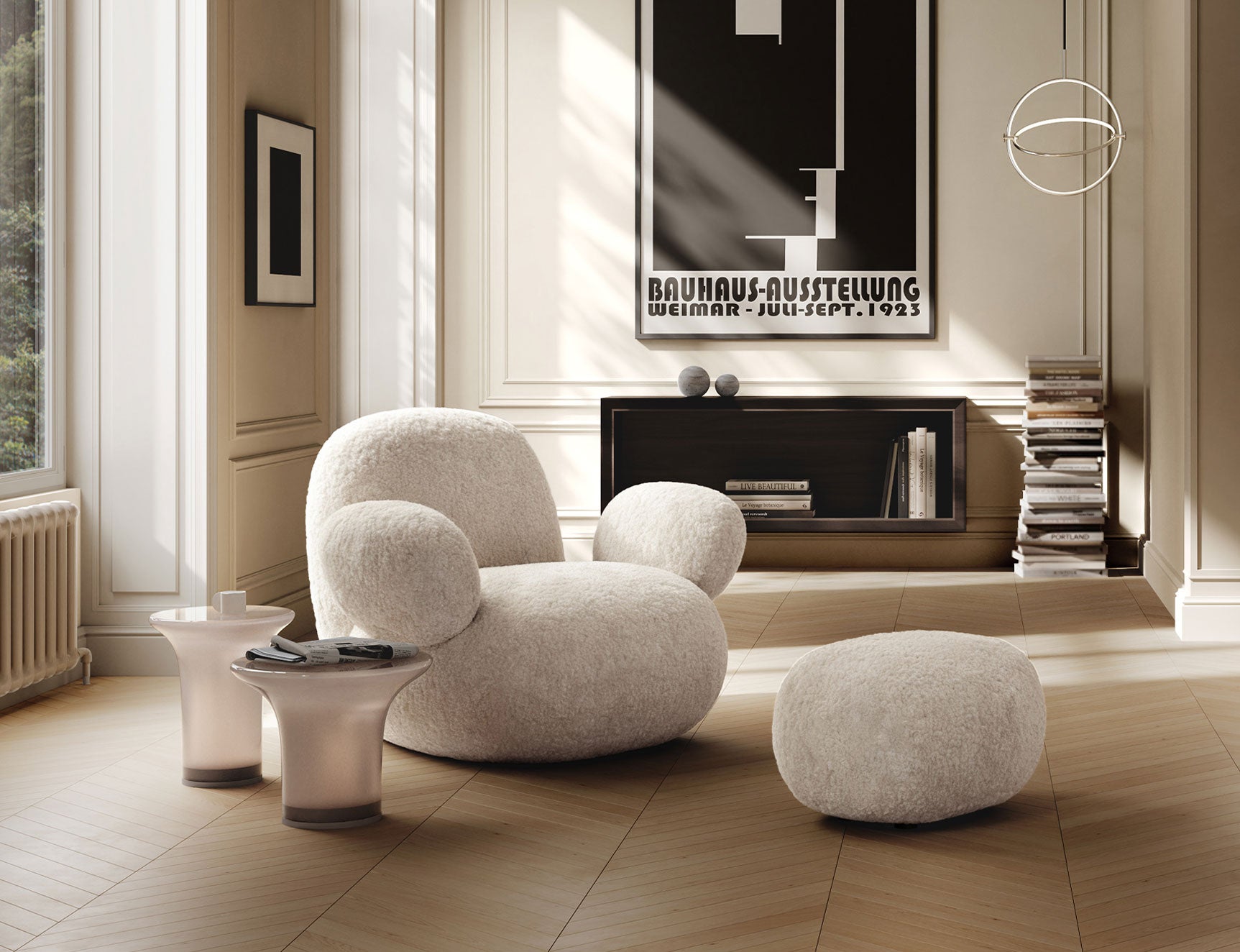 101 Copenhagen Toe armchair and Ottoman and Trumpet tables in glass, enkei jars, and Maru Pendant