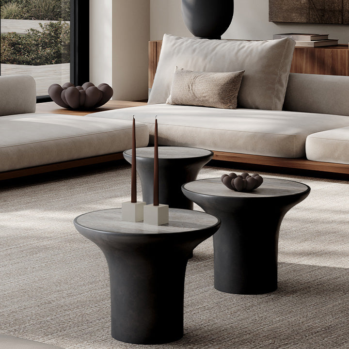 Modern living room with Trumpet coffee tables, Bloom trays and Cube candle holders.