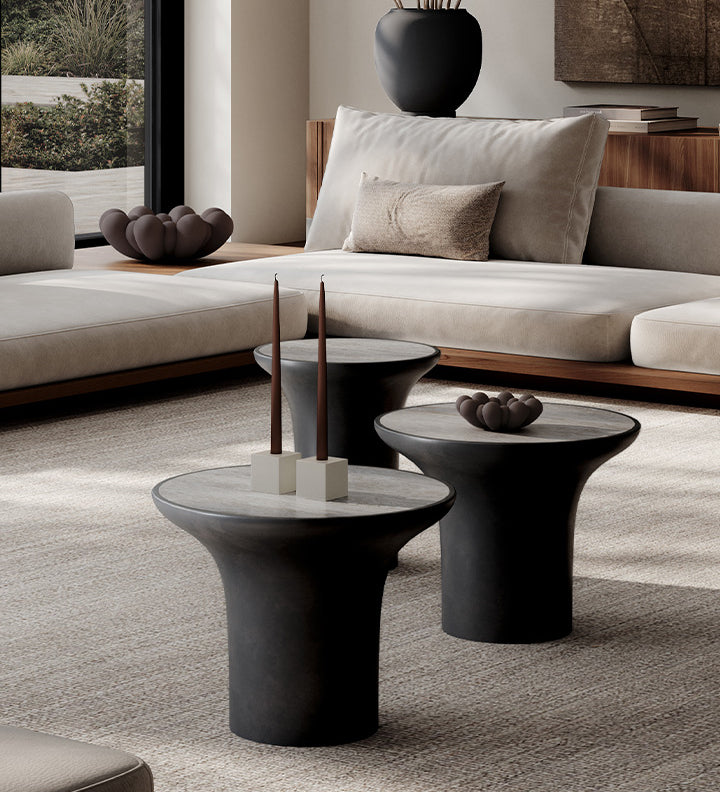 Modern living room with Trumpet coffee tables, Bloom trays and Cube candle holders.