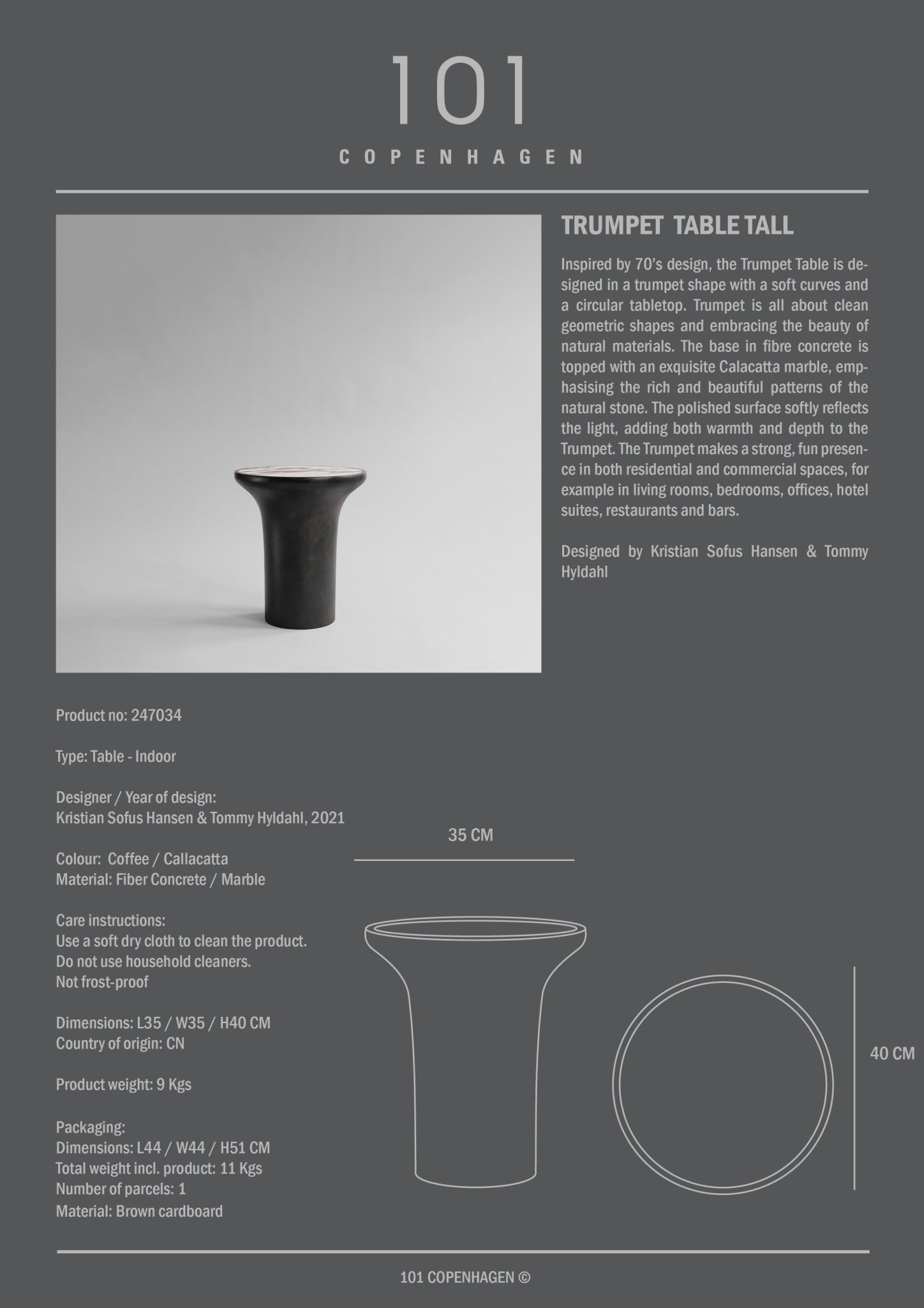 101 Copenhagen - Trumpet Table, Tall - Calacatta - Coffee or Side Table