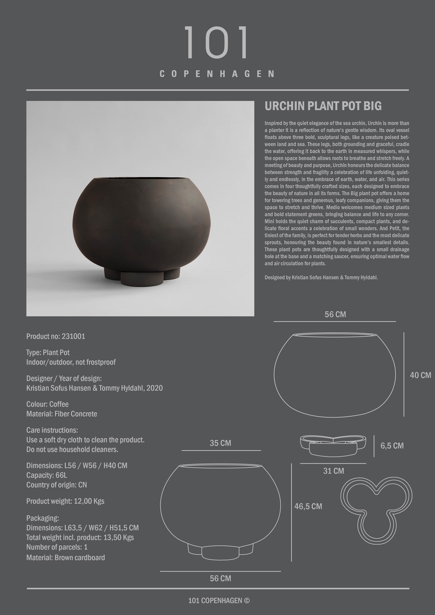 101 Copenhagen - Urchin Plant Pot, Big - Coffee - Outdoor