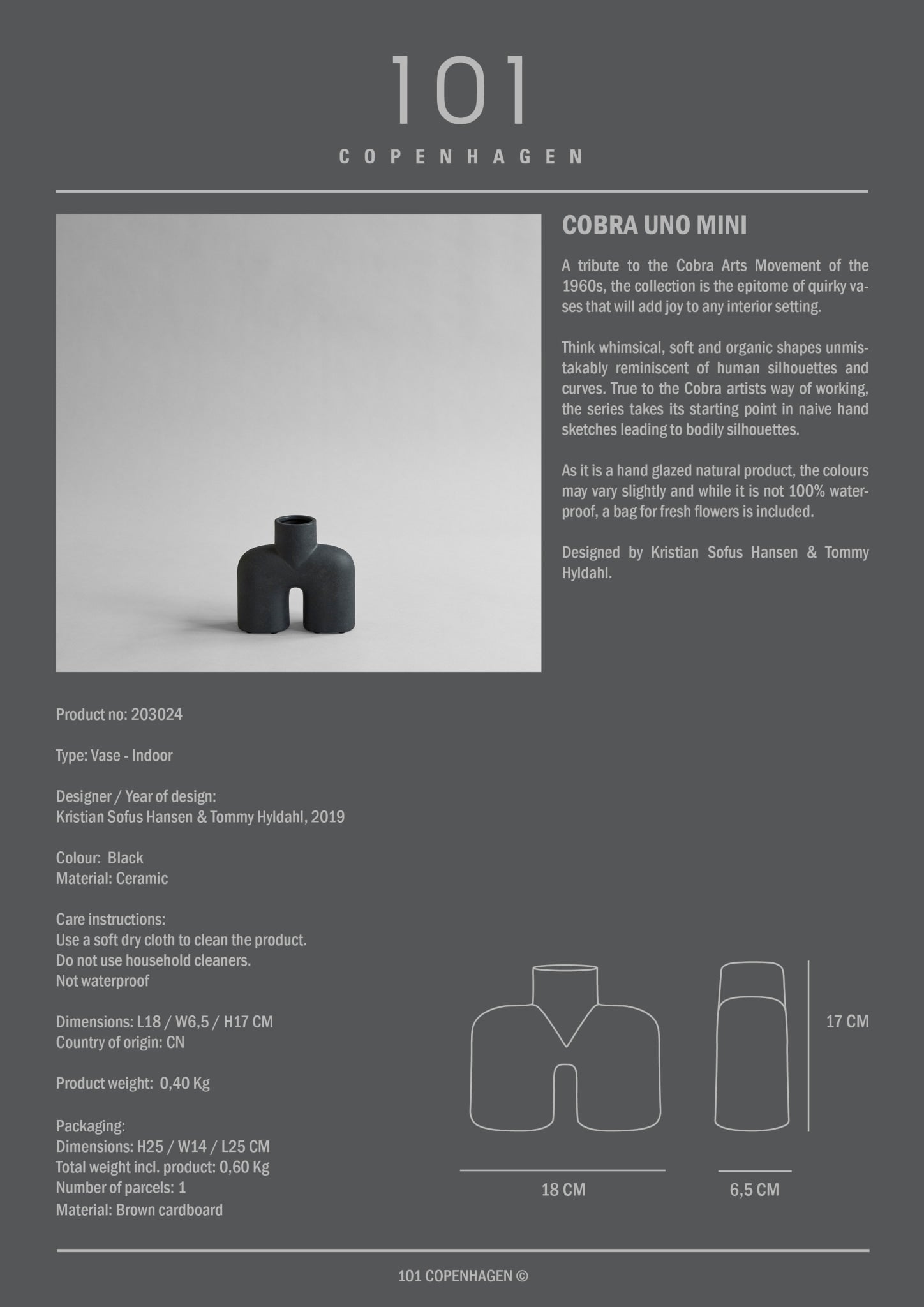 Cobra Vase Uno, Mini - Black - 101 Copenhagen