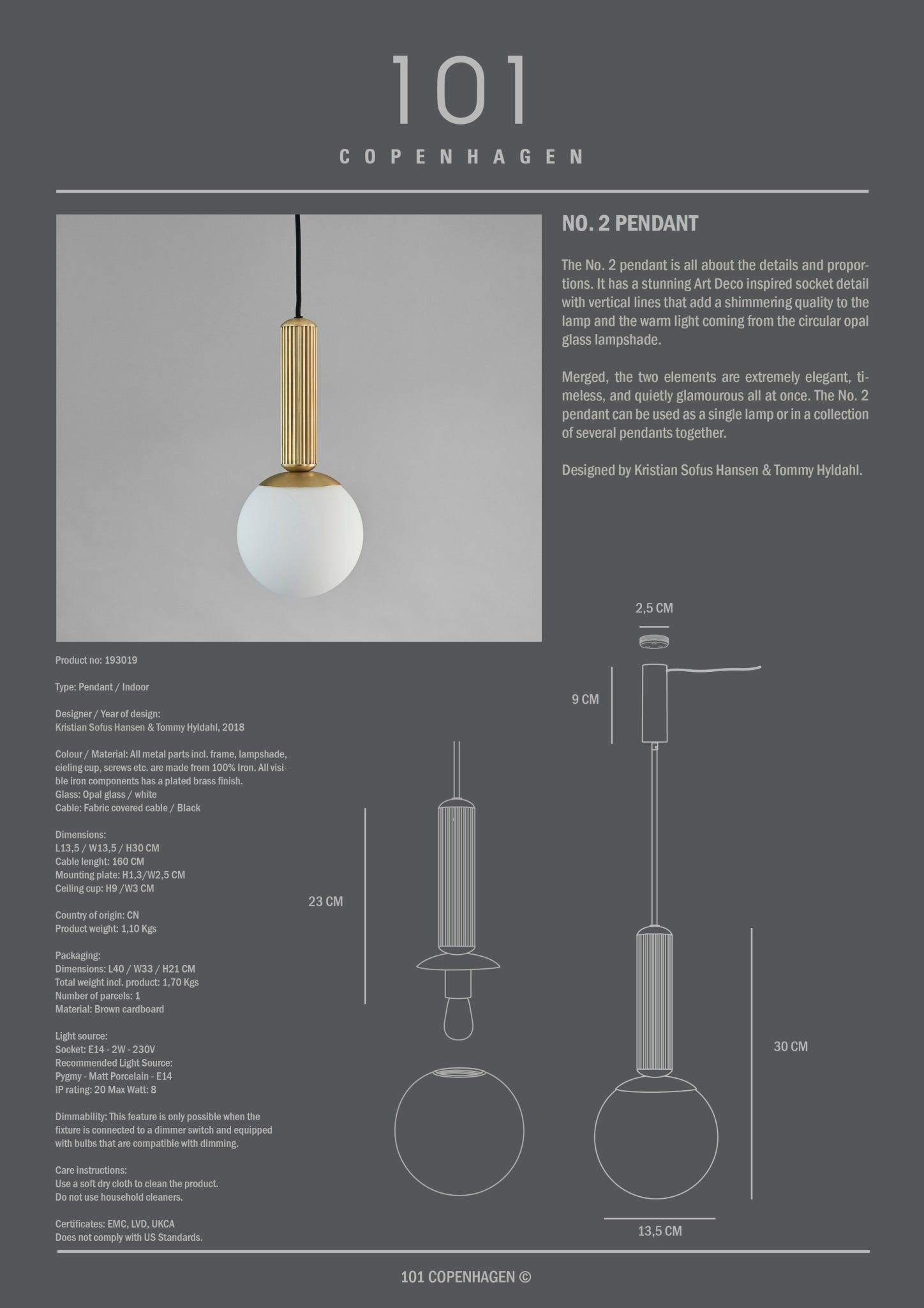 No. 2 Pendant Lamp - Brass - 101 Copenhagen