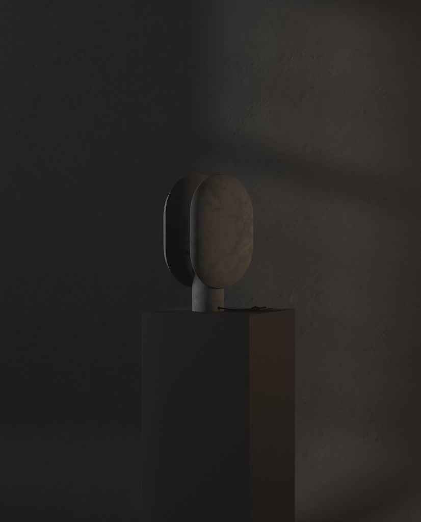 101 Copenhagen Clam Table Lamp - Oxidized turned on and off
